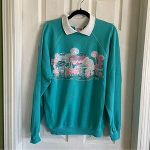 Morning Sun teal collared sweatshirt VTG 1989 mushrooms and frogs Granny core XL